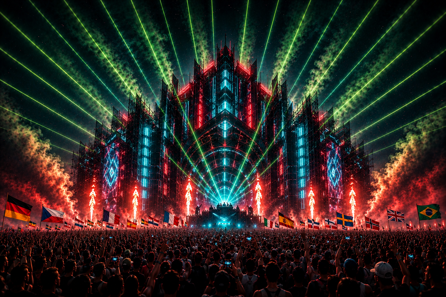 Monumentale fiktive Festivalbühne mit internationaler Crowd, Feuer und grünen Lichtstrahlen
