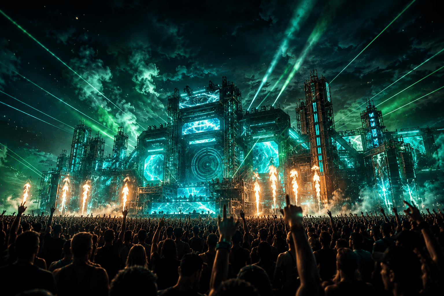 Fiktive industrielle Outdoor-Festivalbühne mit großer Crowd, Feuer und cyan-grünen Lichtstrahlen