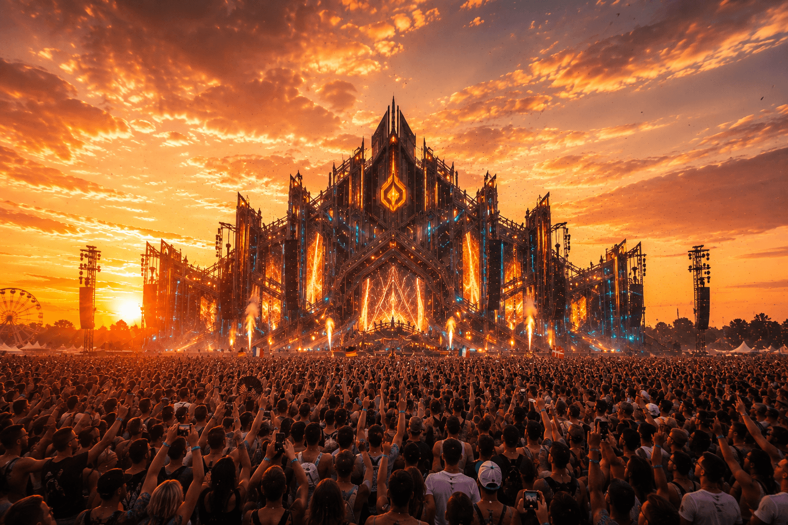 Fiktive monumentale Festivalbühne bei Sonnenuntergang mit großer Crowd, warmem Licht und dezenten Nationalflaggen