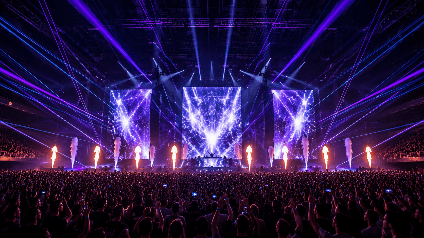 Fiktive monumentale Indoor-Arena mit drei riesigen LED-Wänden, violett-blauen und weißen Lichteffekten, Lasern, Pyrotechnik und dichter Crowd