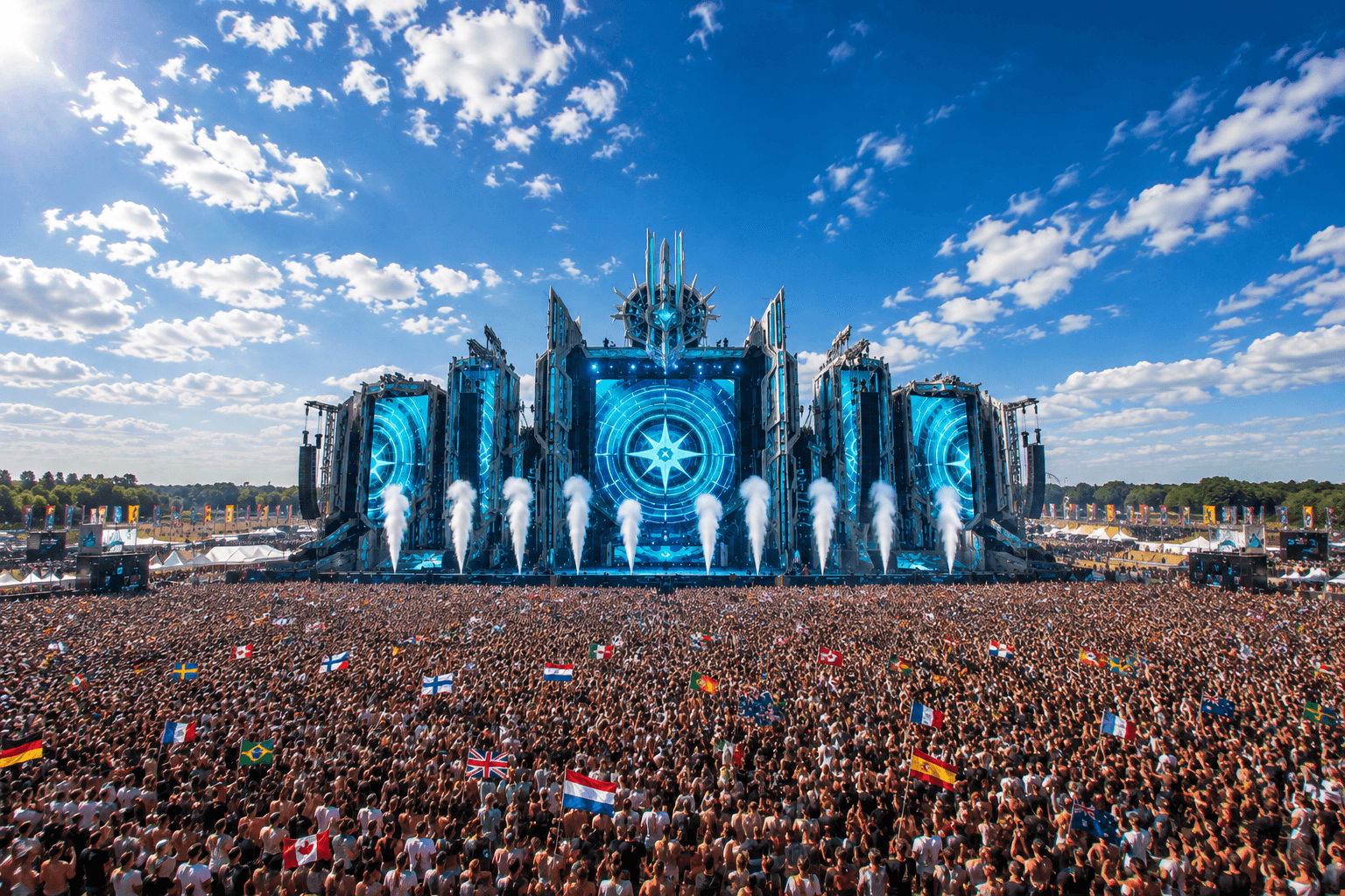 Fiktive monumentale Festivalbühne bei Tageslicht mit riesiger Crowd, vielen kleinen Nationalflaggen und CO₂-Effekten