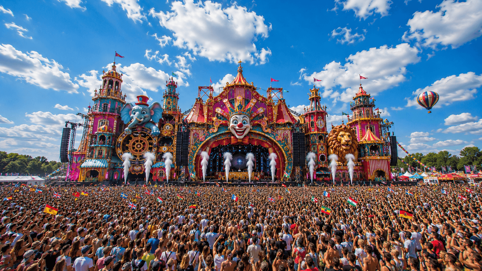 Fiktive farbenfrohe Festivalbühne mit Fantasy-Architektur, Zirkus-Elementen, Tierfiguren und riesiger Crowd bei Tageslicht