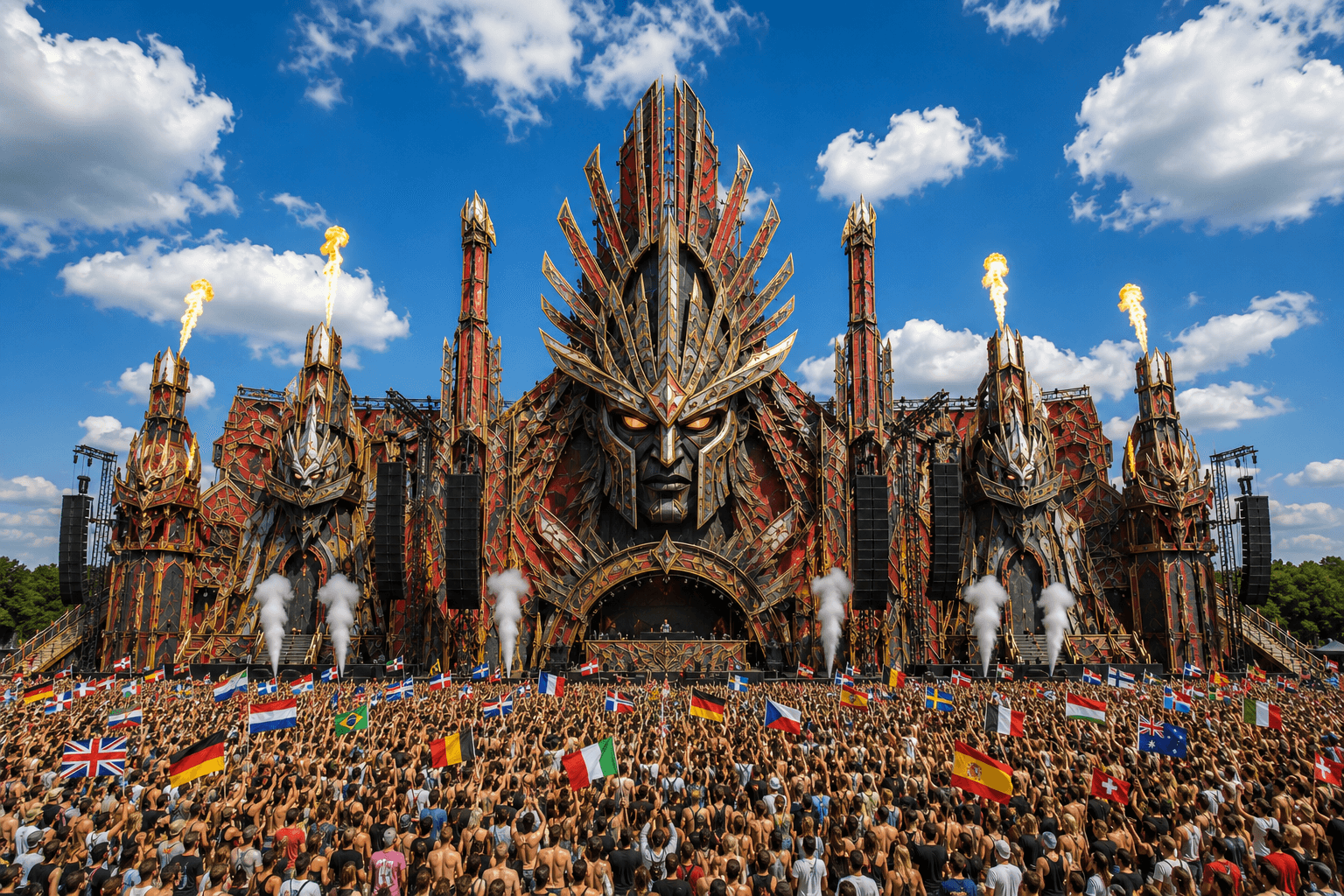 Fiktive monumentale Fantasy-Kriegerbühne mit riesiger Crowd, internationalen Nationalflaggen und epischer Atmosphäre bei Tageslicht